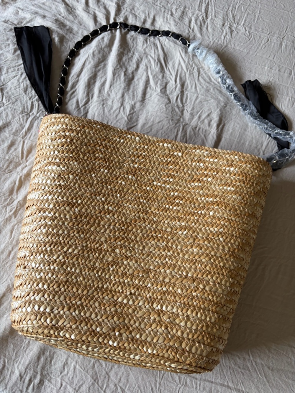 Woven Straw Shoulder Bag with Black Chain-Trim Strap